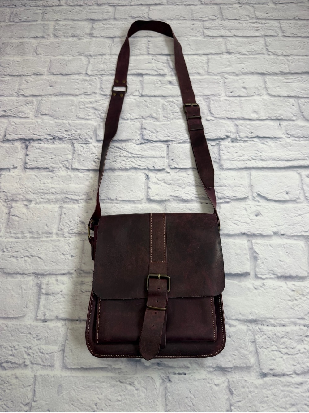 Classic Women's Crossbody Leather Bag in Dark Plum Color.